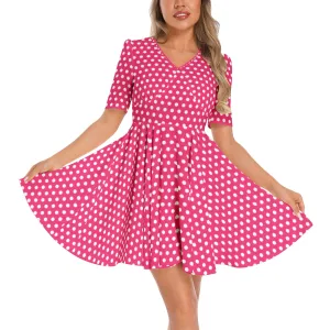 Pink Polka dot Short Sleeve Ruched Bust Flared Hem Dress