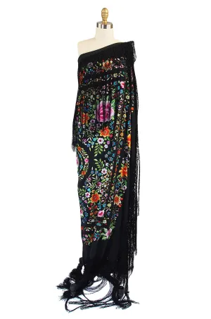 1920s Vivid Embroidered Silk Piano Shawl