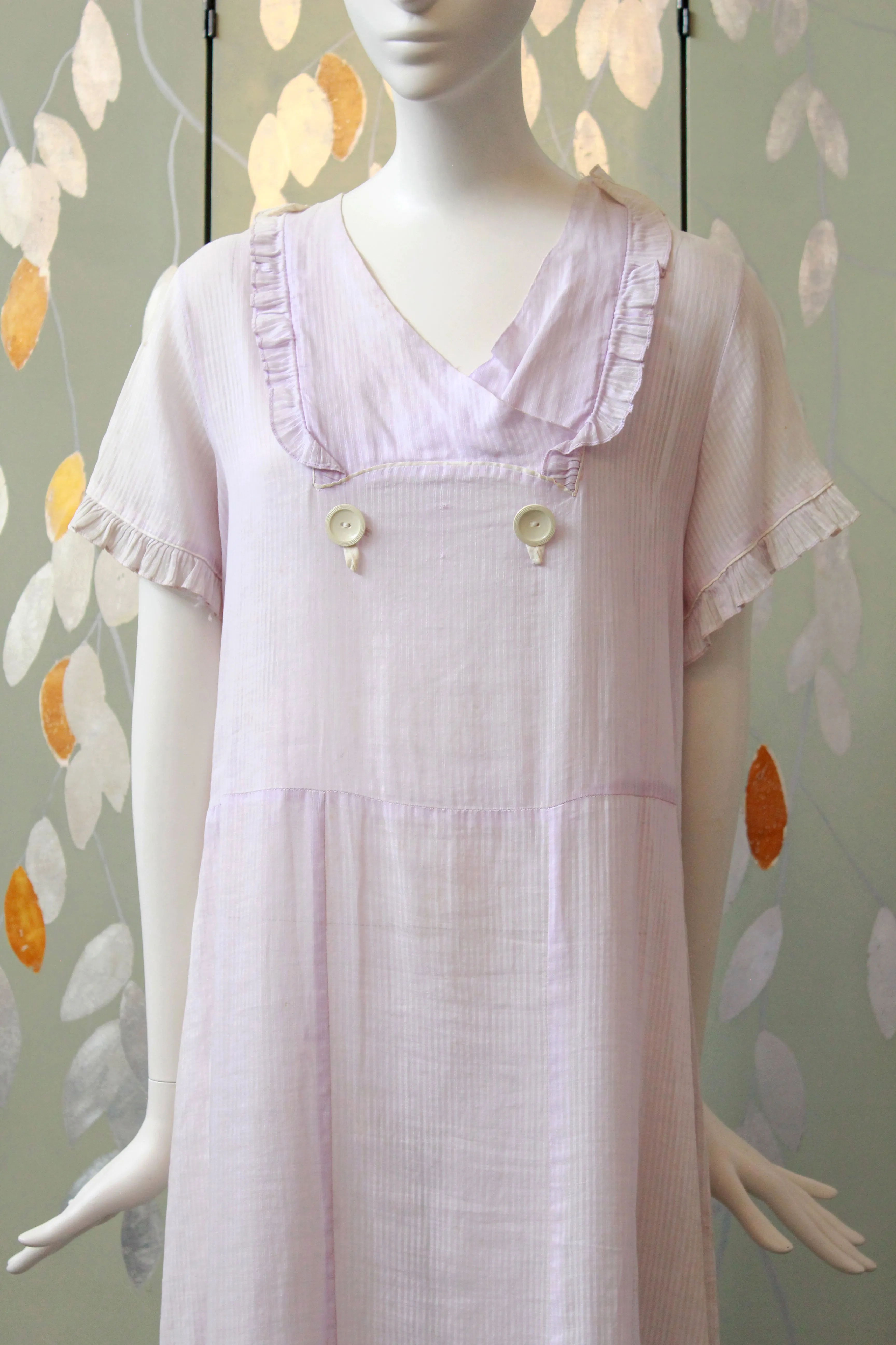 1930s Lavender Pinstripe Day Dress, Collared Summer Ruffle Dress, Bust 40, AS IS