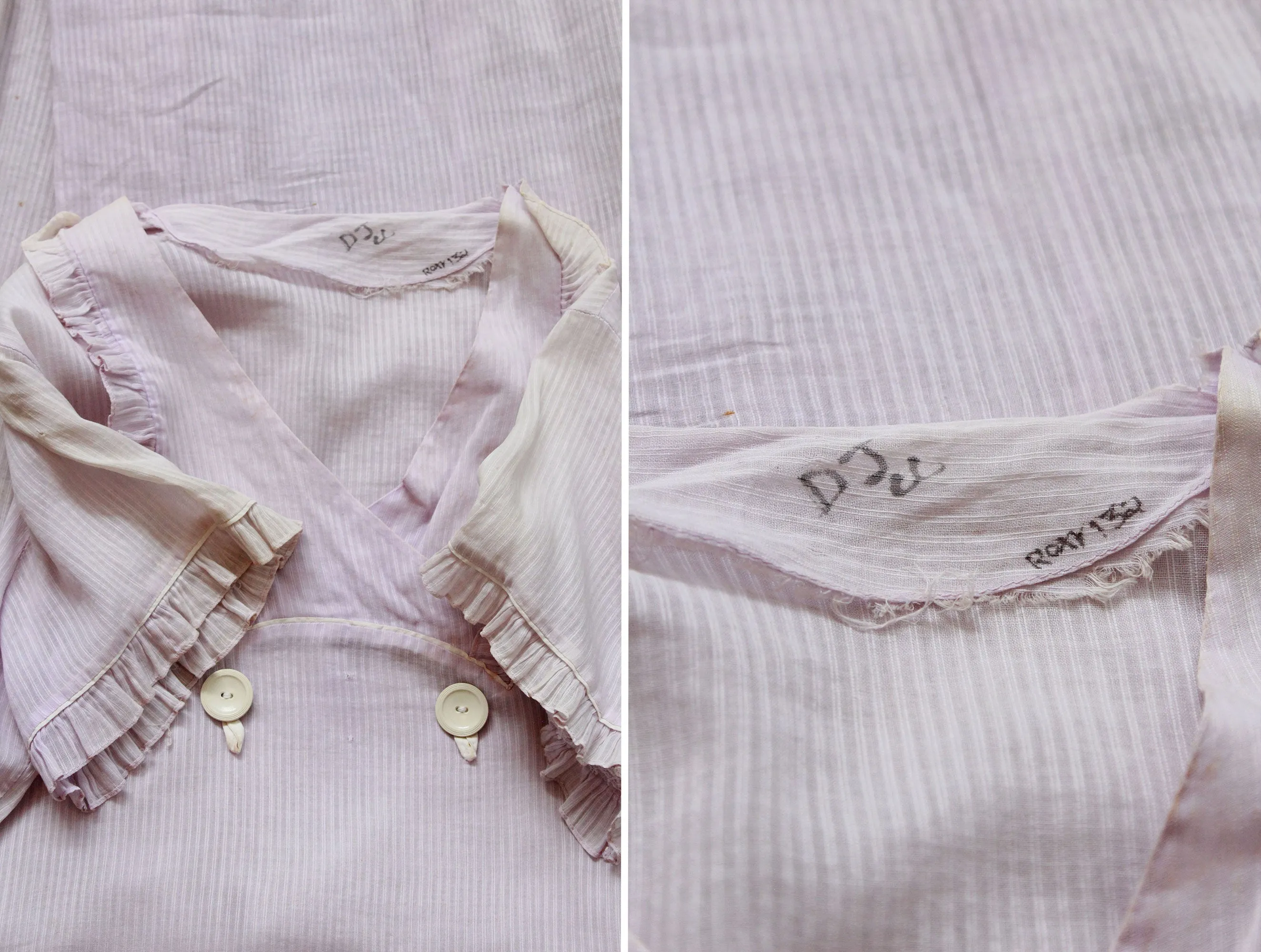 1930s Lavender Pinstripe Day Dress, Collared Summer Ruffle Dress, Bust 40, AS IS