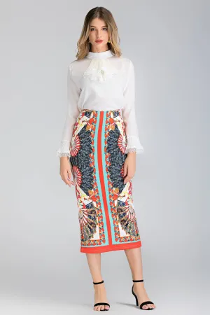 2 piece white Pleated Gabot Top and Printed Pencil Skirt Set