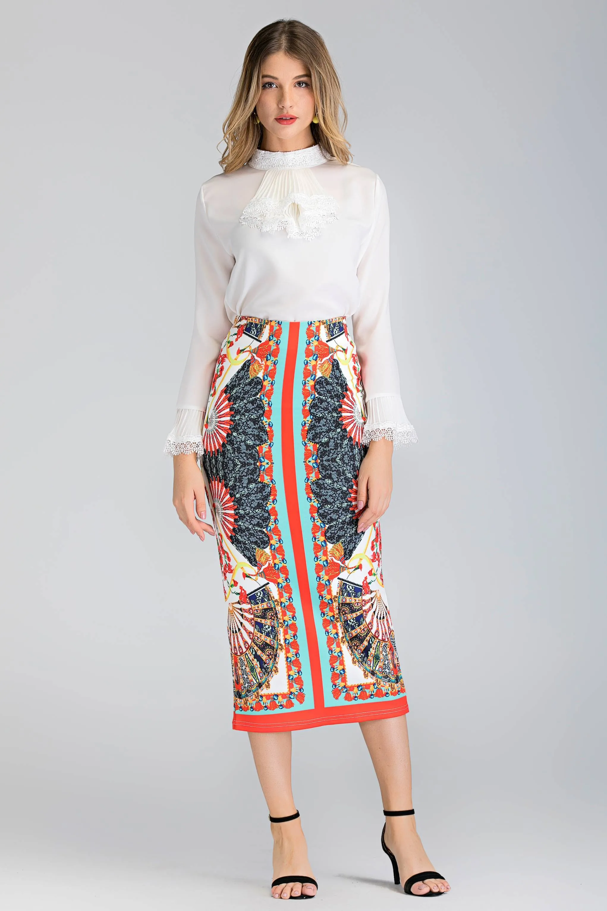 2 piece white Pleated Gabot Top and Printed Pencil Skirt Set