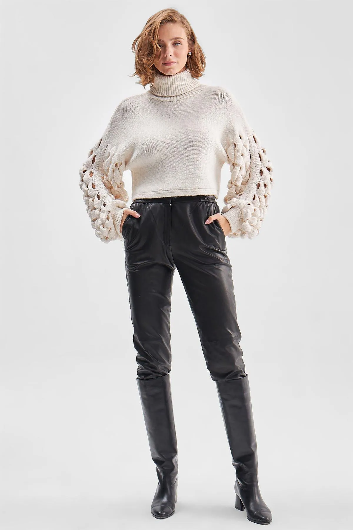 3D Hair Braided Ecru Knitwear Crop Sweater