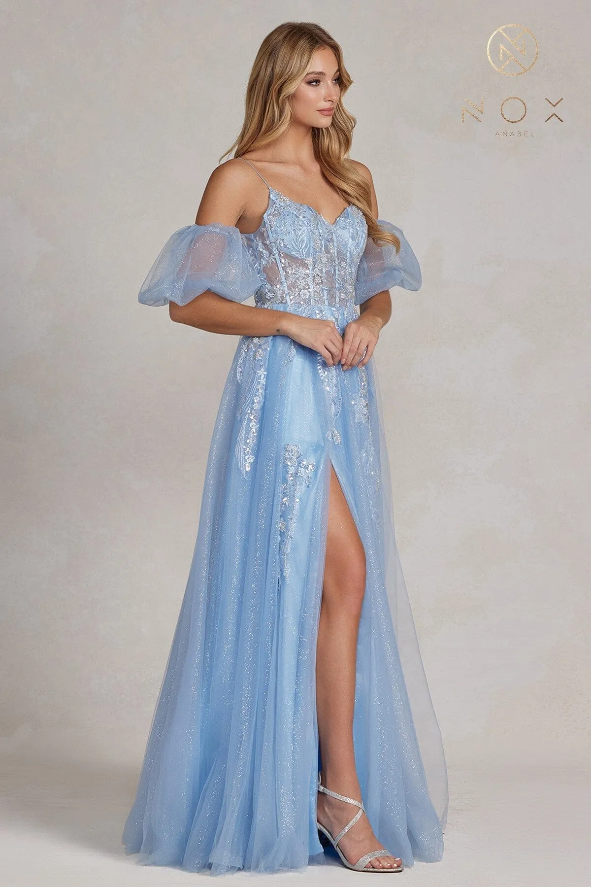 Applique Sleeveless Puff Sleeve Gown by Nox Anabel E1173