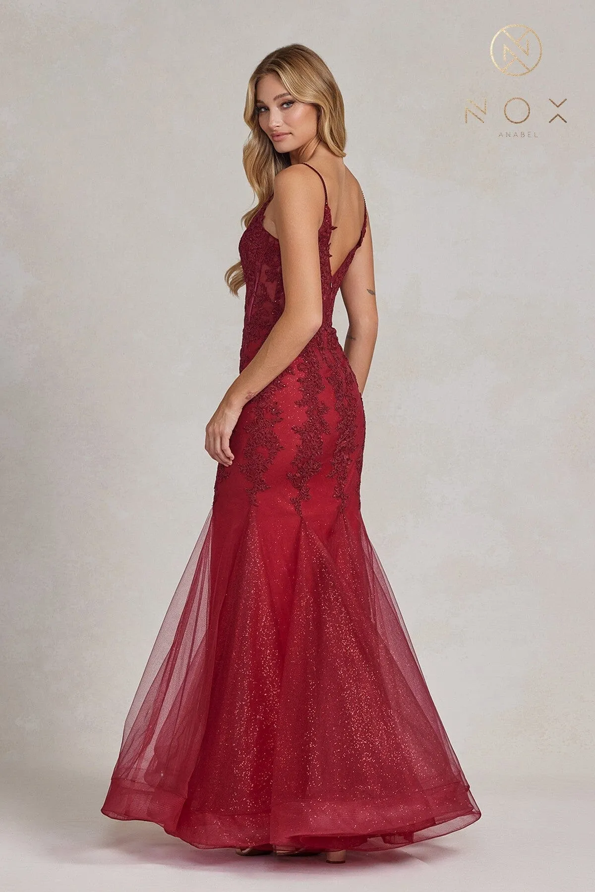 Applique V-Neck Mermaid Gown by Nox Anabel P1170