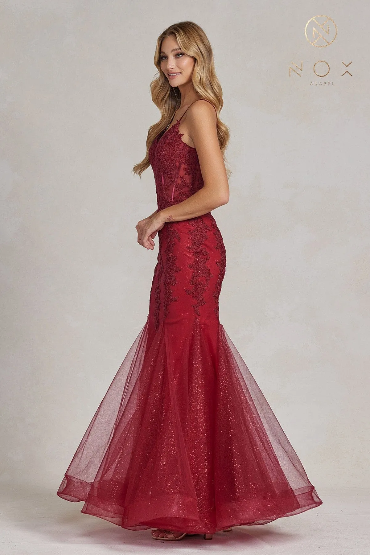 Applique V-Neck Mermaid Gown by Nox Anabel P1170