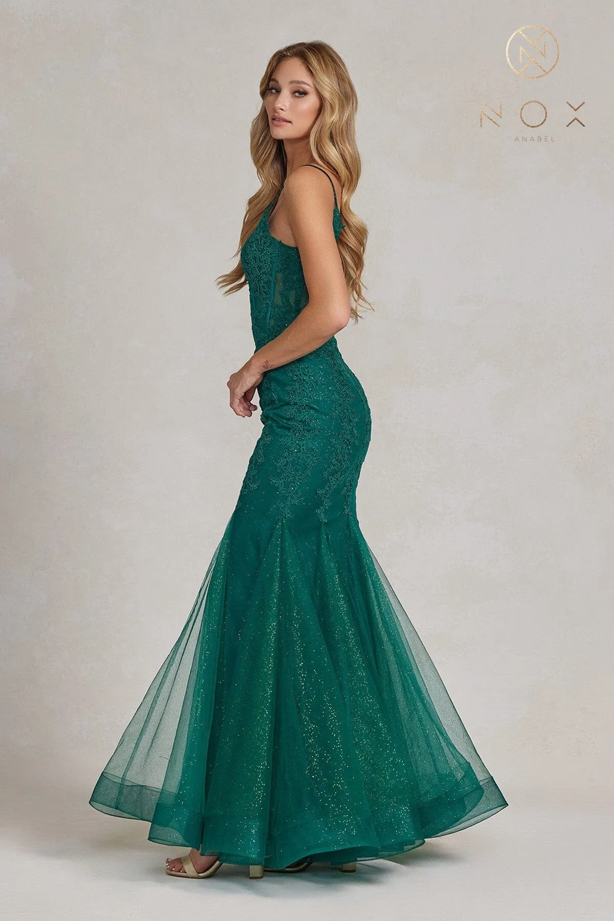 Applique V-Neck Mermaid Gown by Nox Anabel P1170