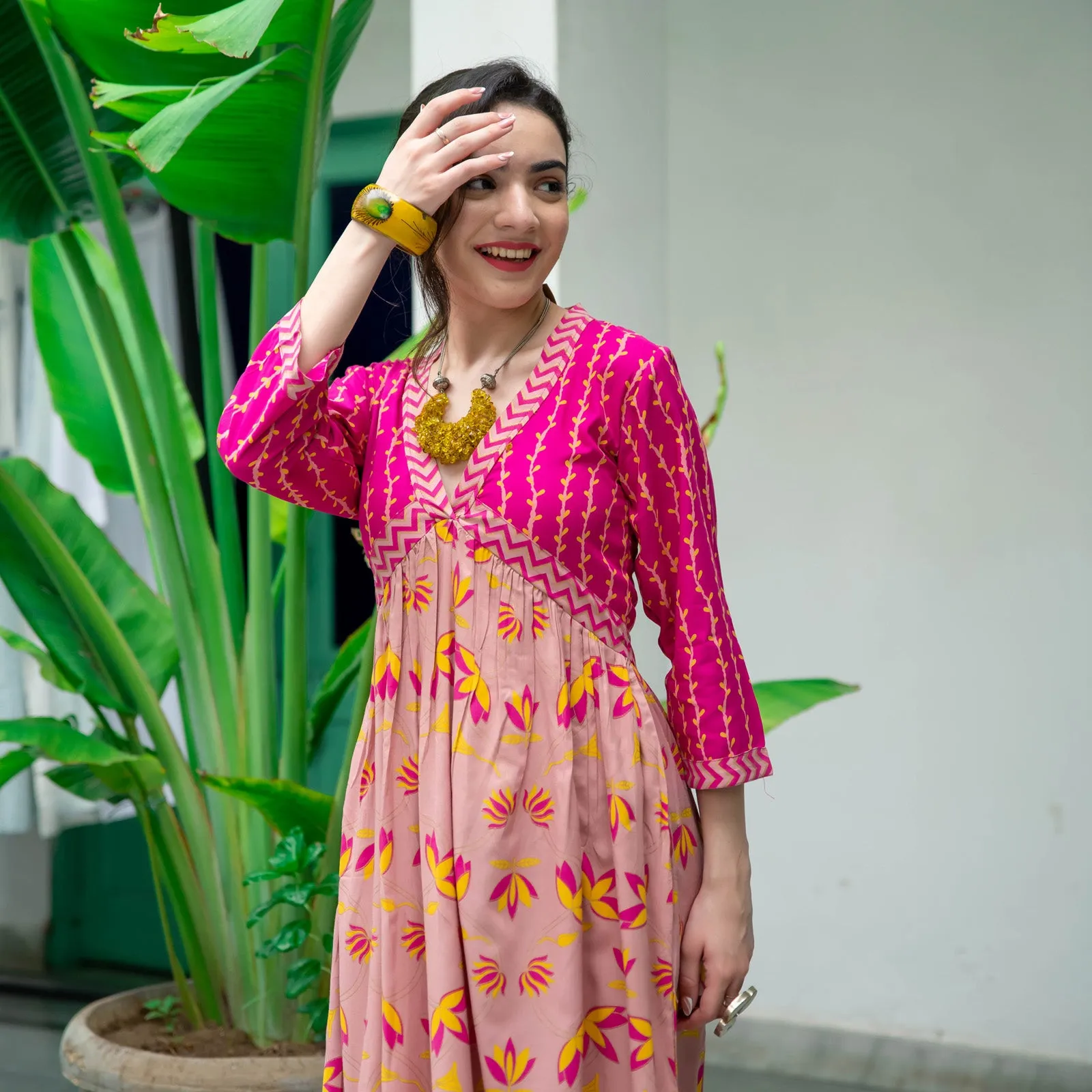 Baby Pink & Hot Pink V Neck Lotus Alia Cut Dress