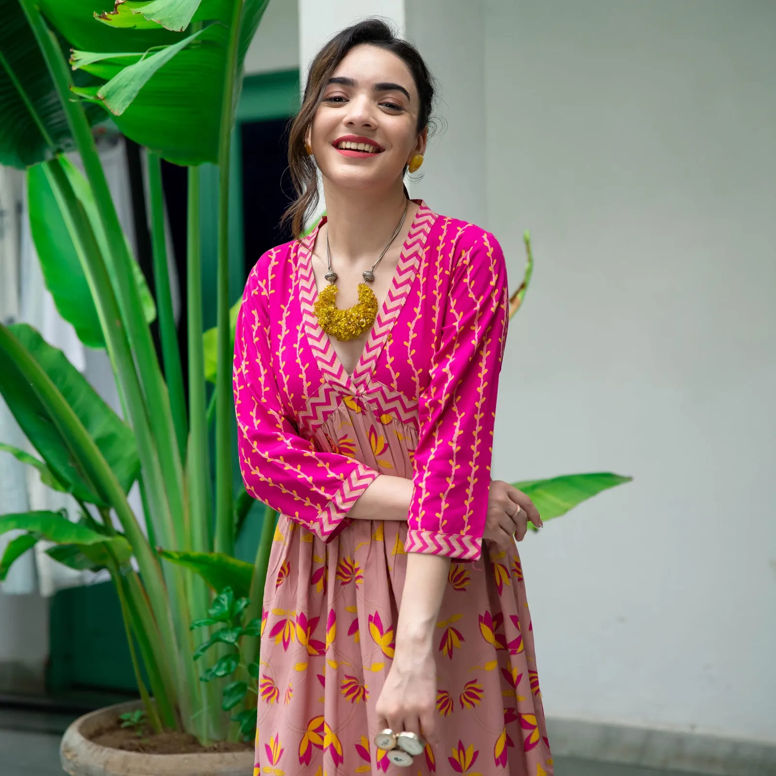 Baby Pink & Hot Pink V Neck Lotus Alia Cut Dress