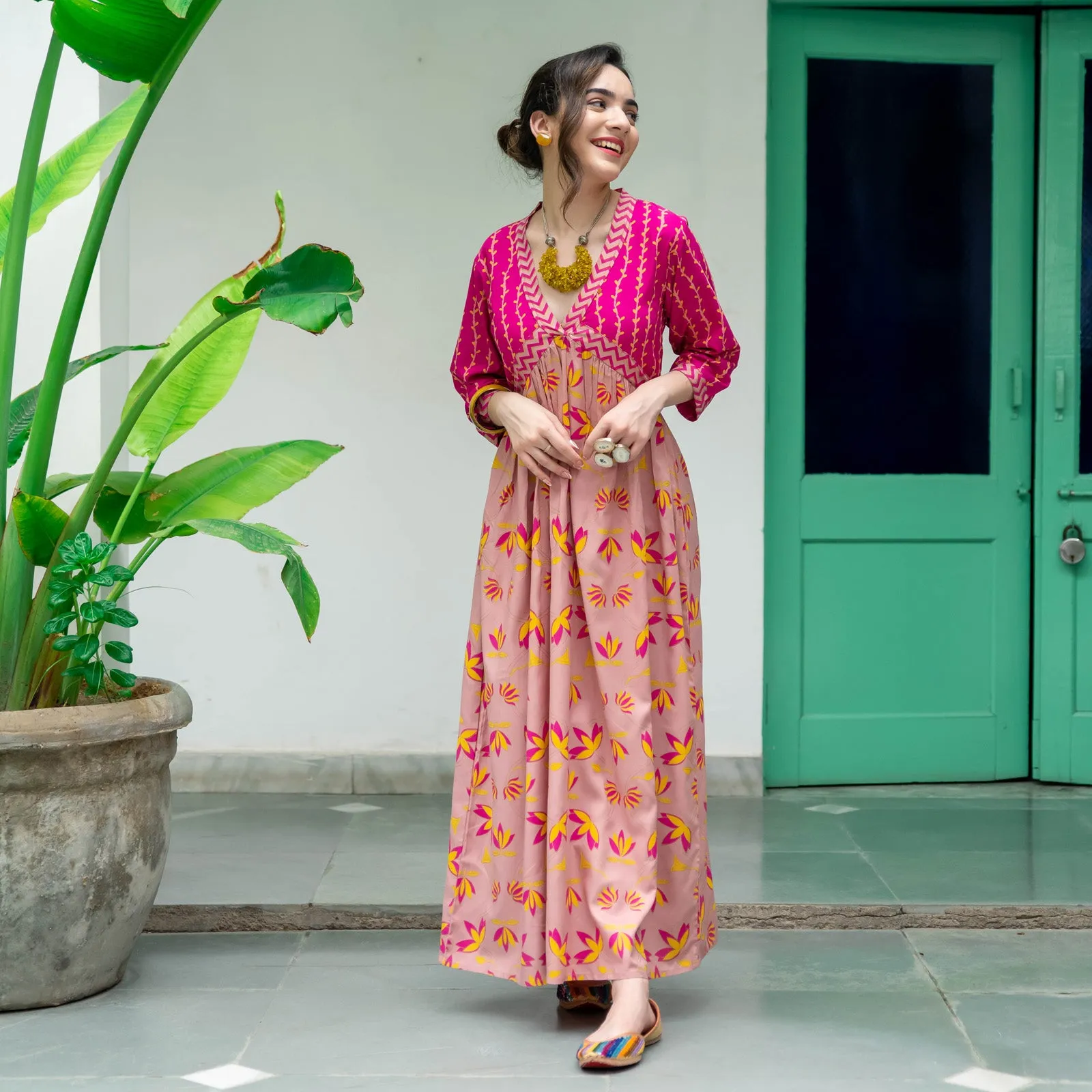 Baby Pink & Hot Pink V Neck Lotus Alia Cut Dress