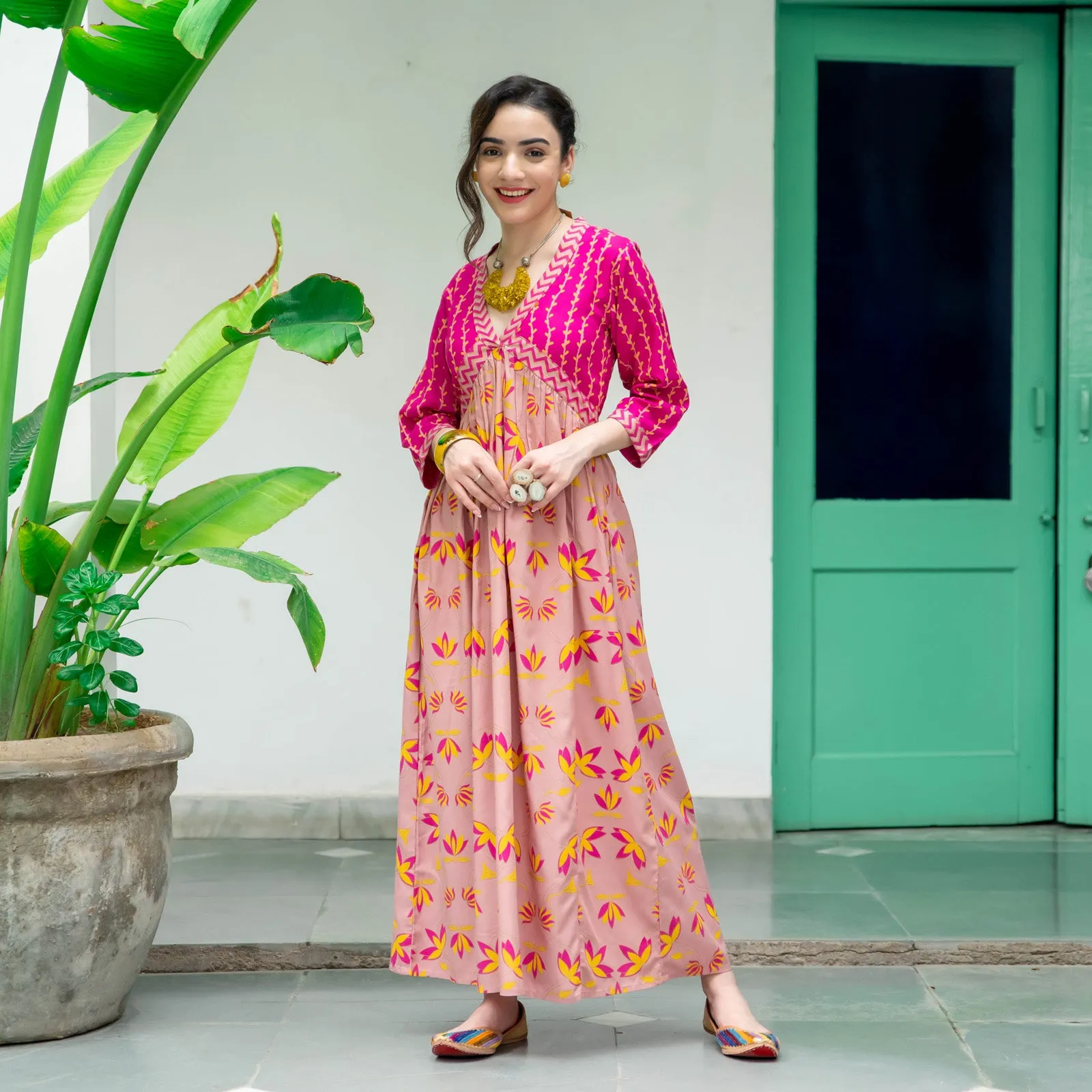 Baby Pink & Hot Pink V Neck Lotus Alia Cut Dress