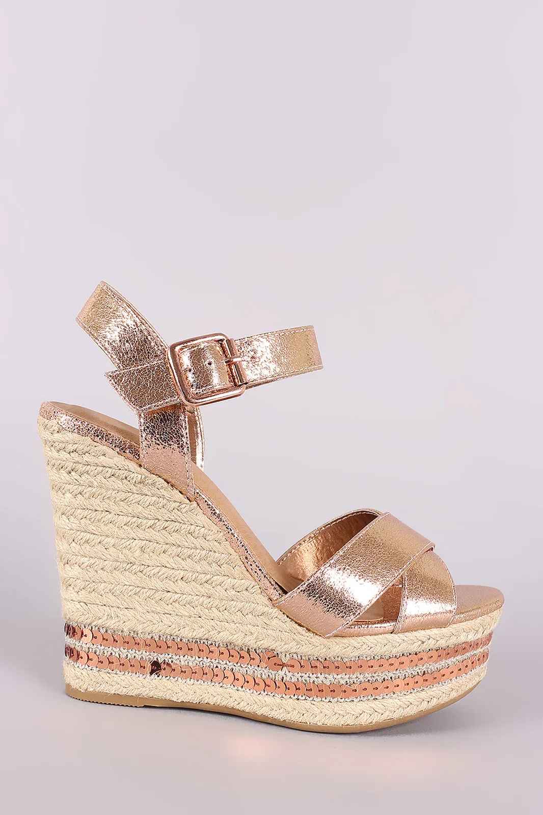 Bamboo Cracked Metallic Sequin Accent Espadrille Platform Wedge