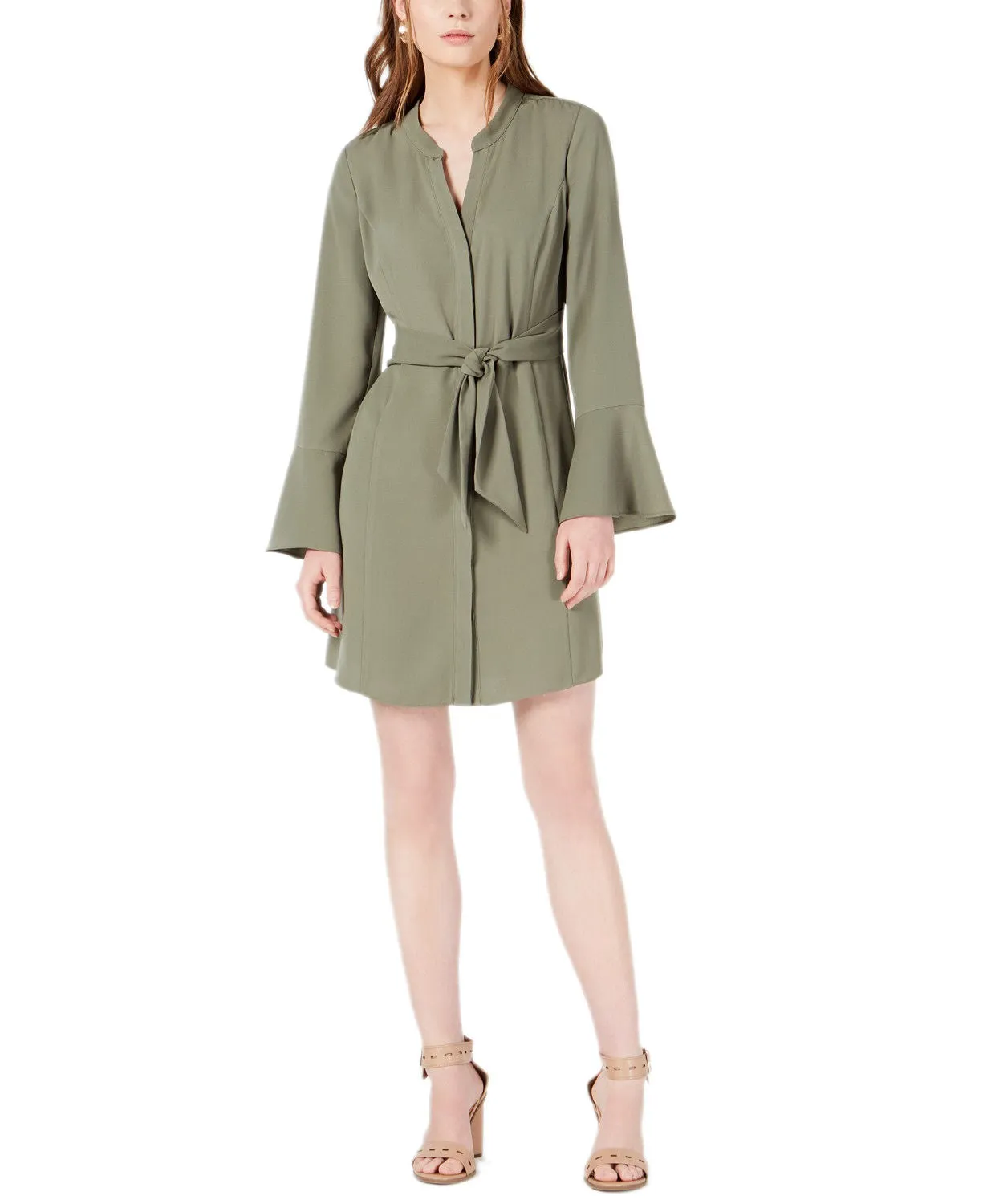 Bar III Women's Bell Long Sleeves Tie-Front Dress, Dusty Olive, Large