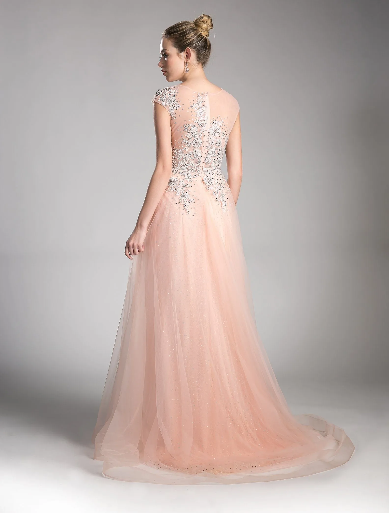 Beaded Cap Sleeve Tulle Gown by Cinderella Divine 8992