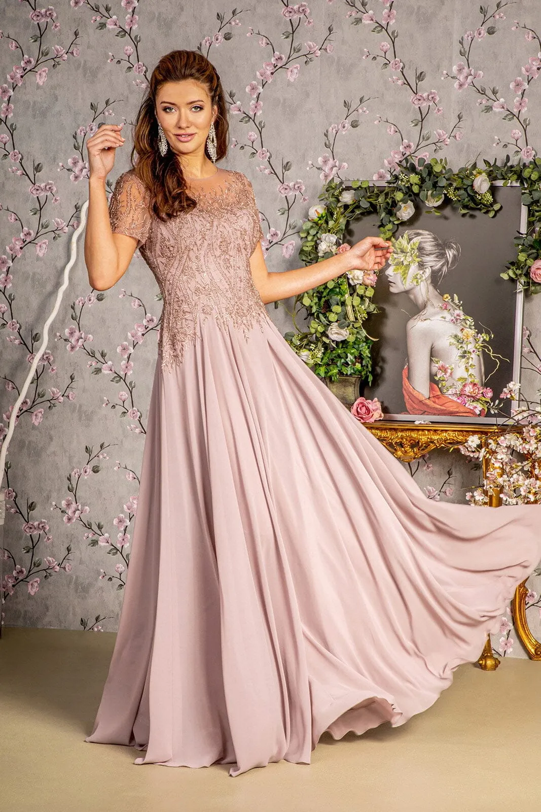 Beaded Chiffon Short Sleeve Gown by GLS Gloria GL3492