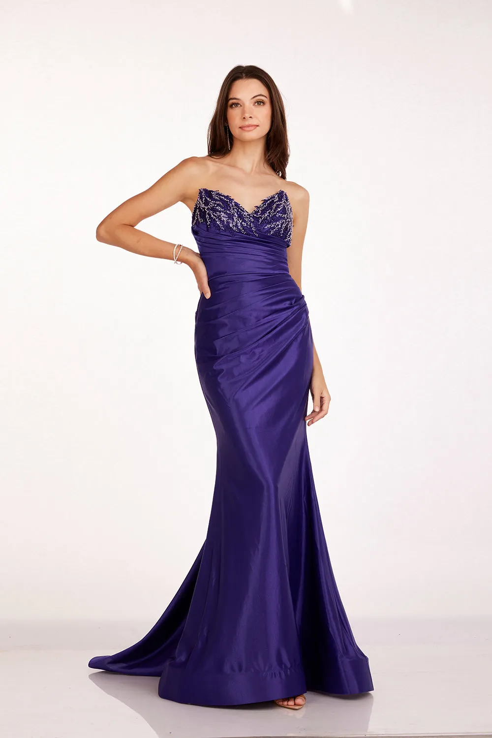 Beaded Fitted Strapless Slit Gown by Abby Paris 90251