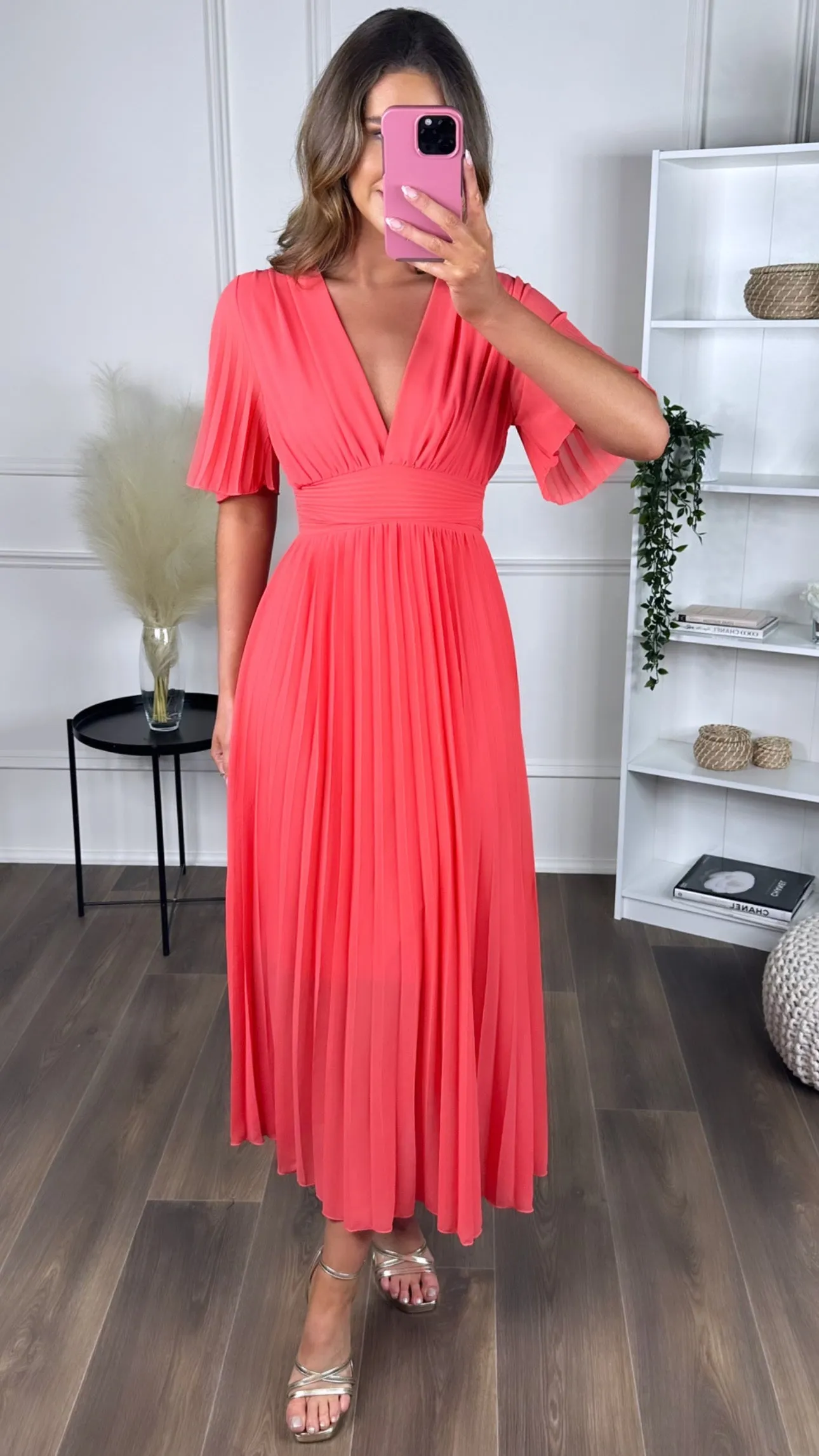 Bebe Coral Pleated Waist Midaxi Dress