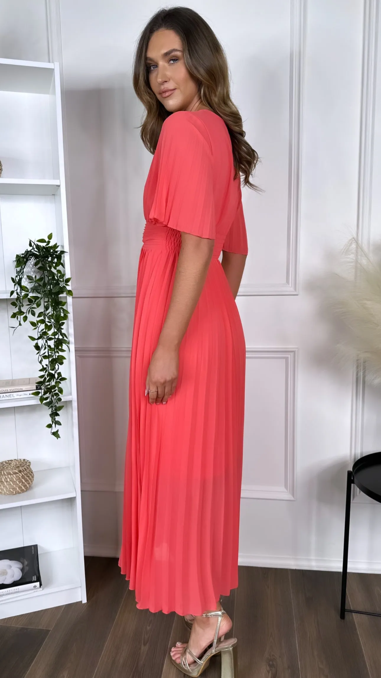 Bebe Coral Pleated Waist Midaxi Dress