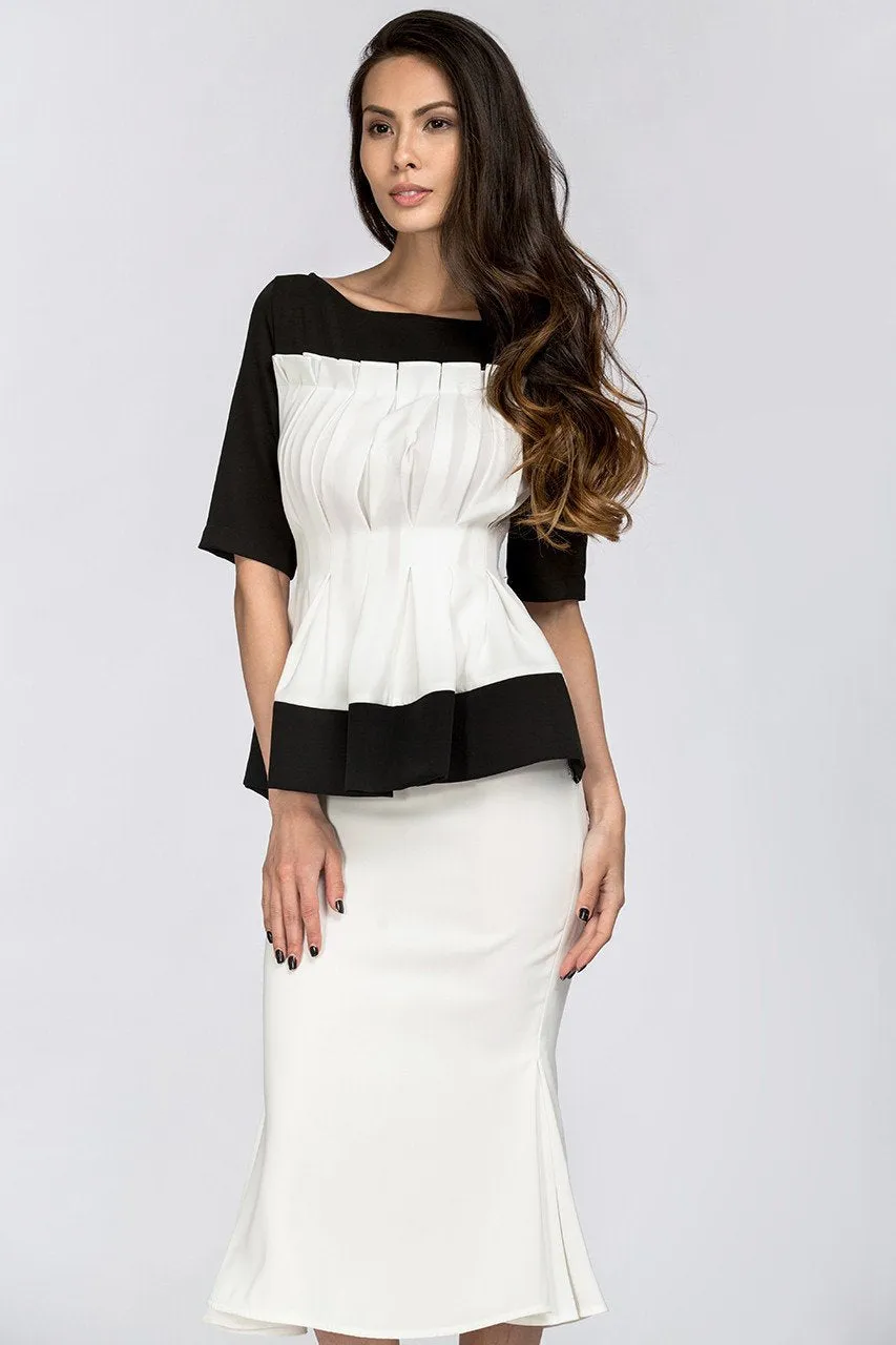 Black & White Boat neck Yoke Peplum Midi Dress