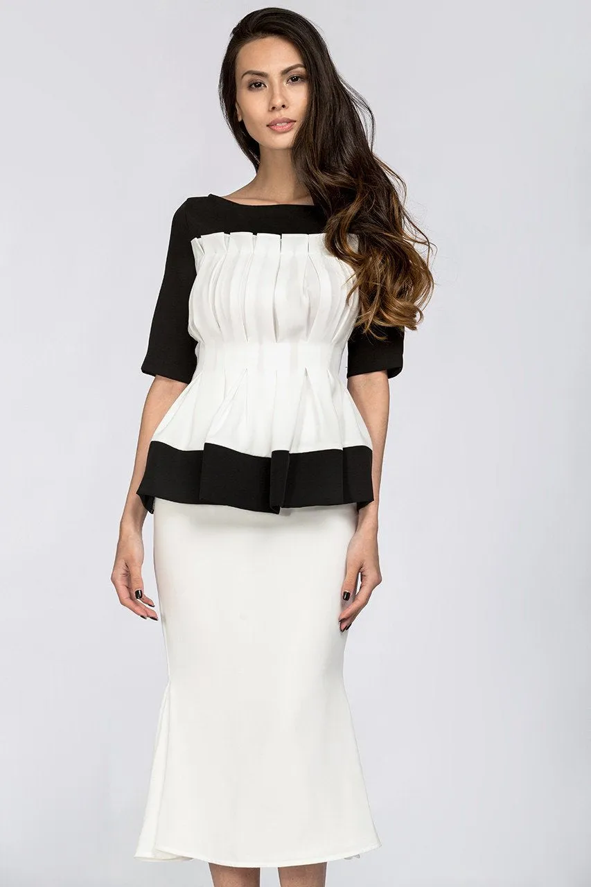 Black & White Boat neck Yoke Peplum Midi Dress