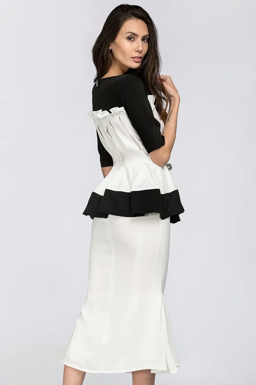 Black & White Boat neck Yoke Peplum Midi Dress