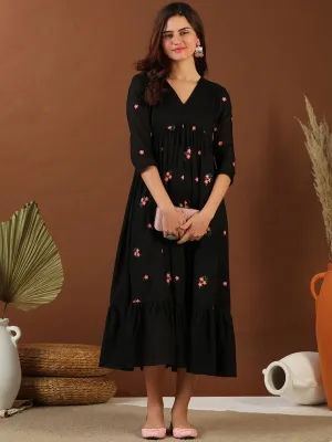 Black Floral Embroidered Fit and Flare Midi Ethnic Dress