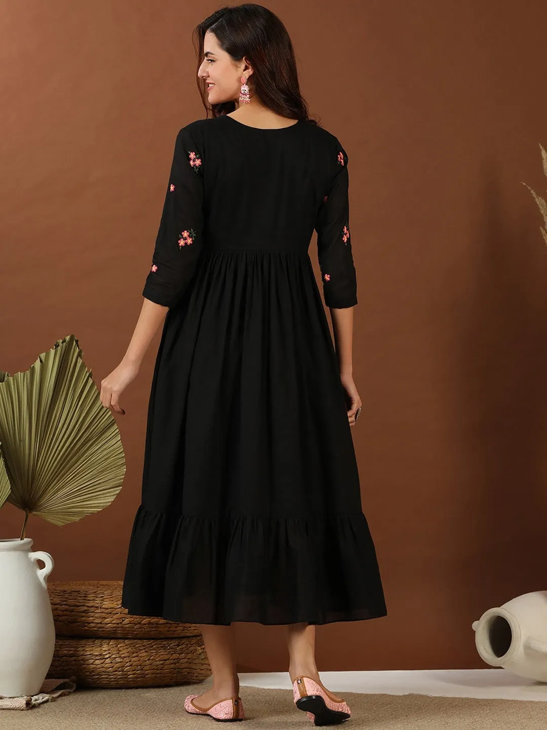 Black Floral Embroidered Fit and Flare Midi Ethnic Dress