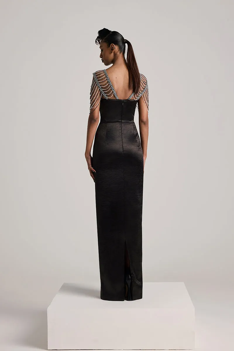 BLACK TEXTURED SATIN SEQUIN PENCIL MAXI DRESS