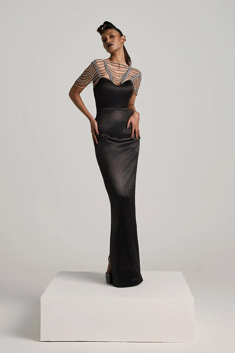 BLACK TEXTURED SATIN SEQUIN PENCIL MAXI DRESS