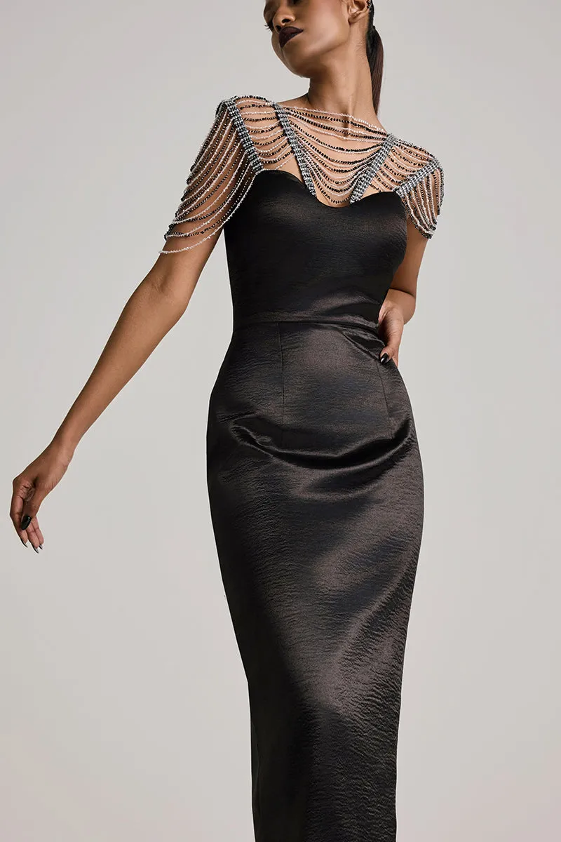 BLACK TEXTURED SATIN SEQUIN PENCIL MAXI DRESS