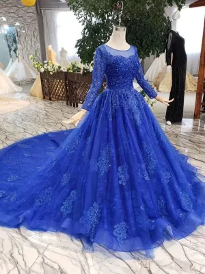 Cathedral Train Royal Blue Princess Ball Gown with Sleeves,21120901