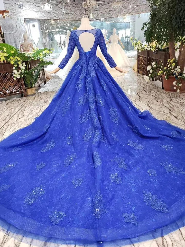 Cathedral Train Royal Blue Princess Ball Gown with Sleeves,21120901