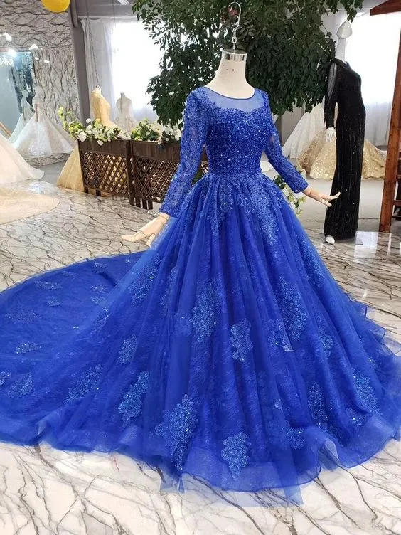 Cathedral Train Royal Blue Princess Ball Gown with Sleeves,21120901