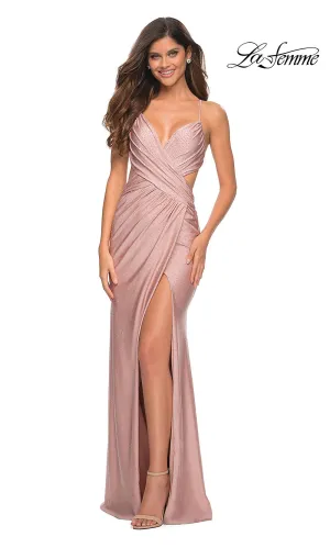 Criss-Cross Waist Long Beaded La Femme Prom Dress