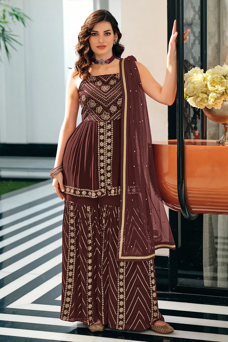 Dark Brown Spaghetti Straps Peplum Sharara Suit