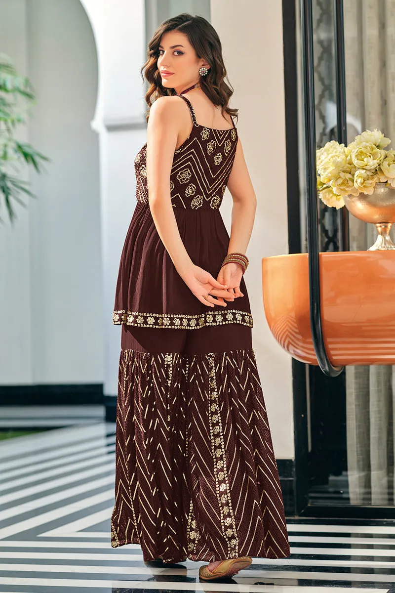 Dark Brown Spaghetti Straps Peplum Sharara Suit