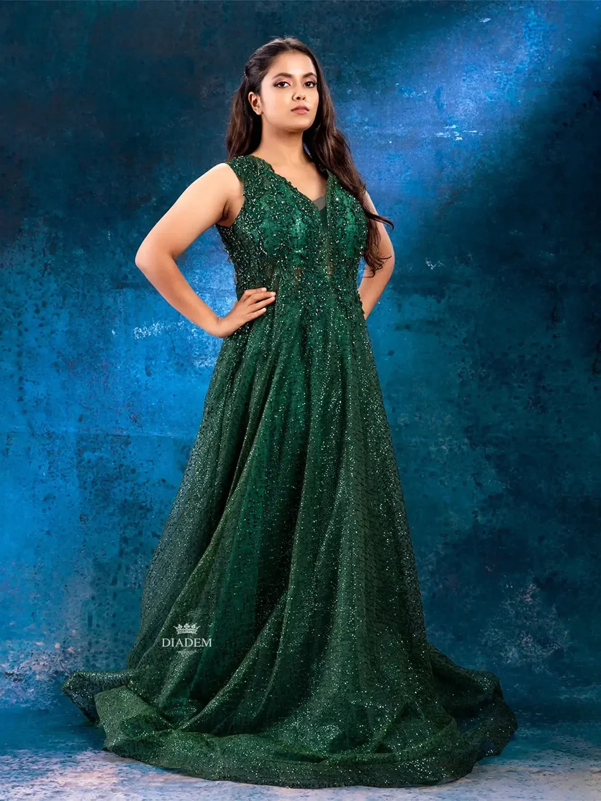 Dark Green gown Embellished with Sequins and Beads