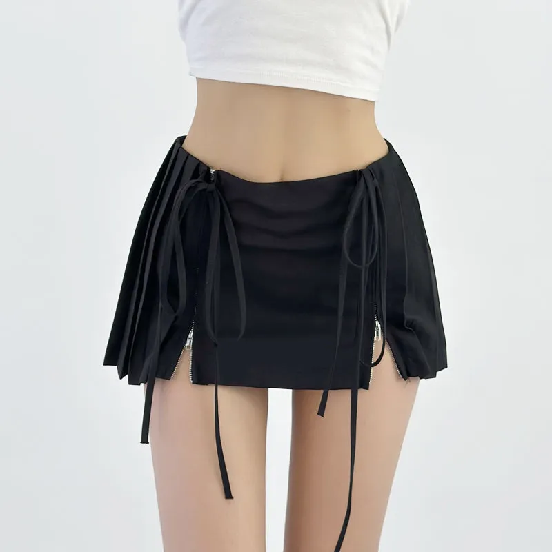 Double Zip Low-Waist Pleated Mini Skirt