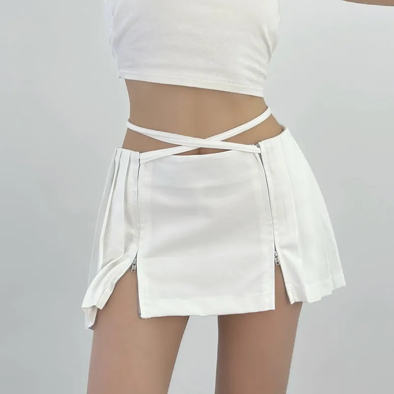 Double Zip Low-Waist Pleated Mini Skirt