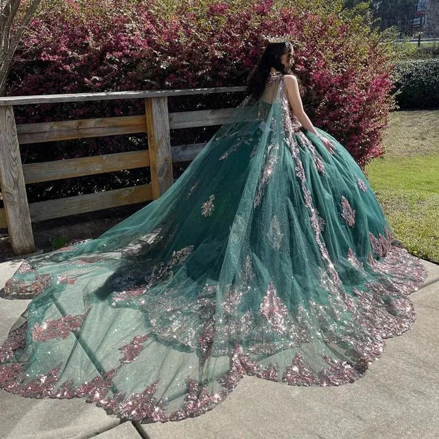 Emerald Green Quinceañera Dress with Gold Appliques & Cape