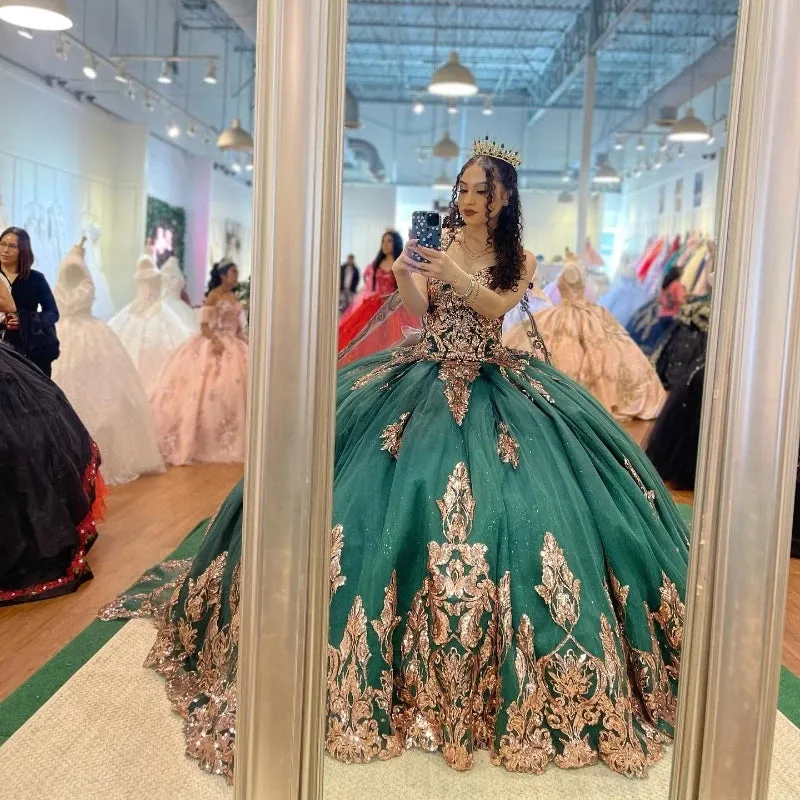 Emerald Green Quinceañera Dress with Gold Appliques & Cape