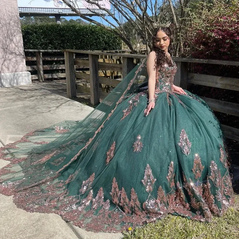 Emerald Green Quinceañera Dress with Gold Appliques & Cape