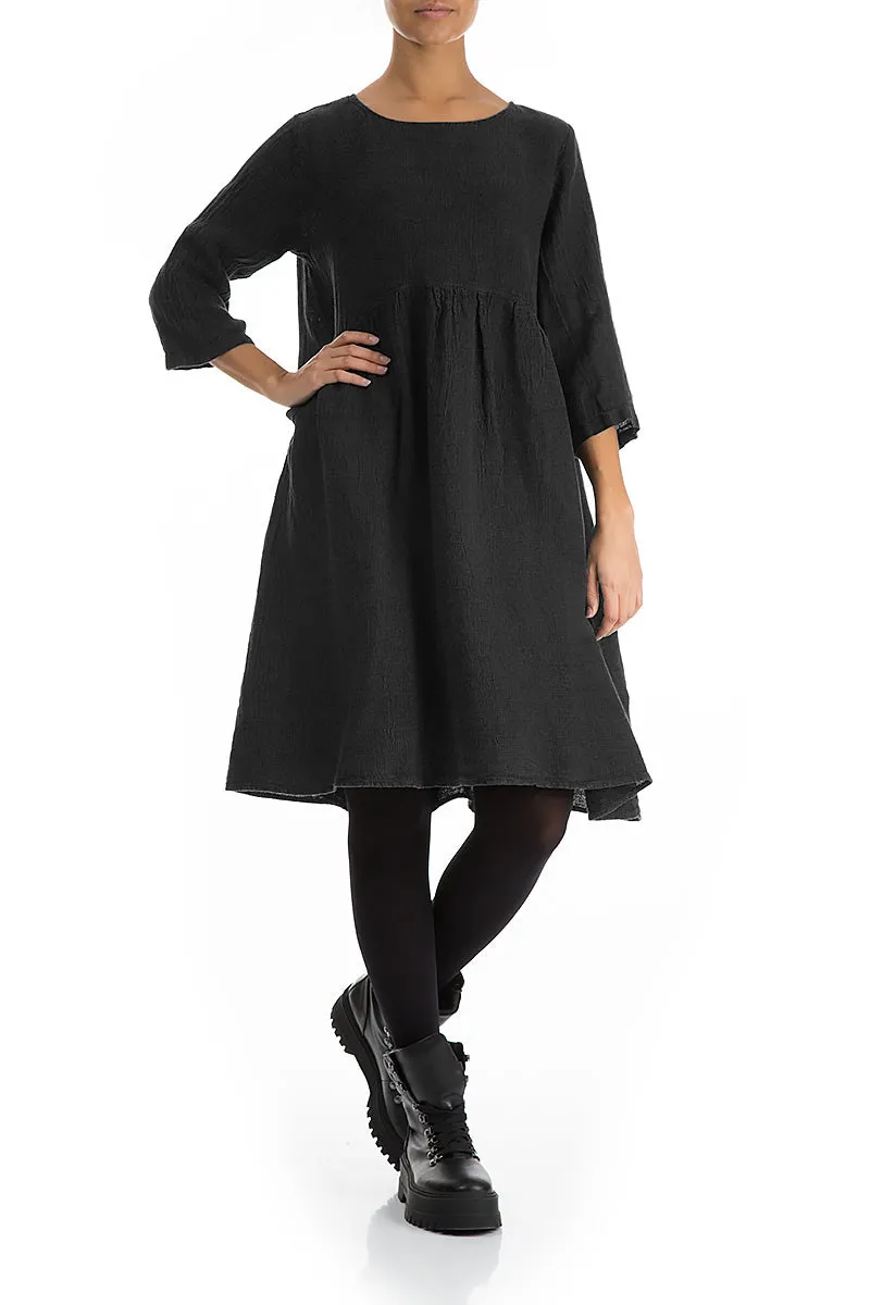 Flared Black Mélange Linen Midi Dress