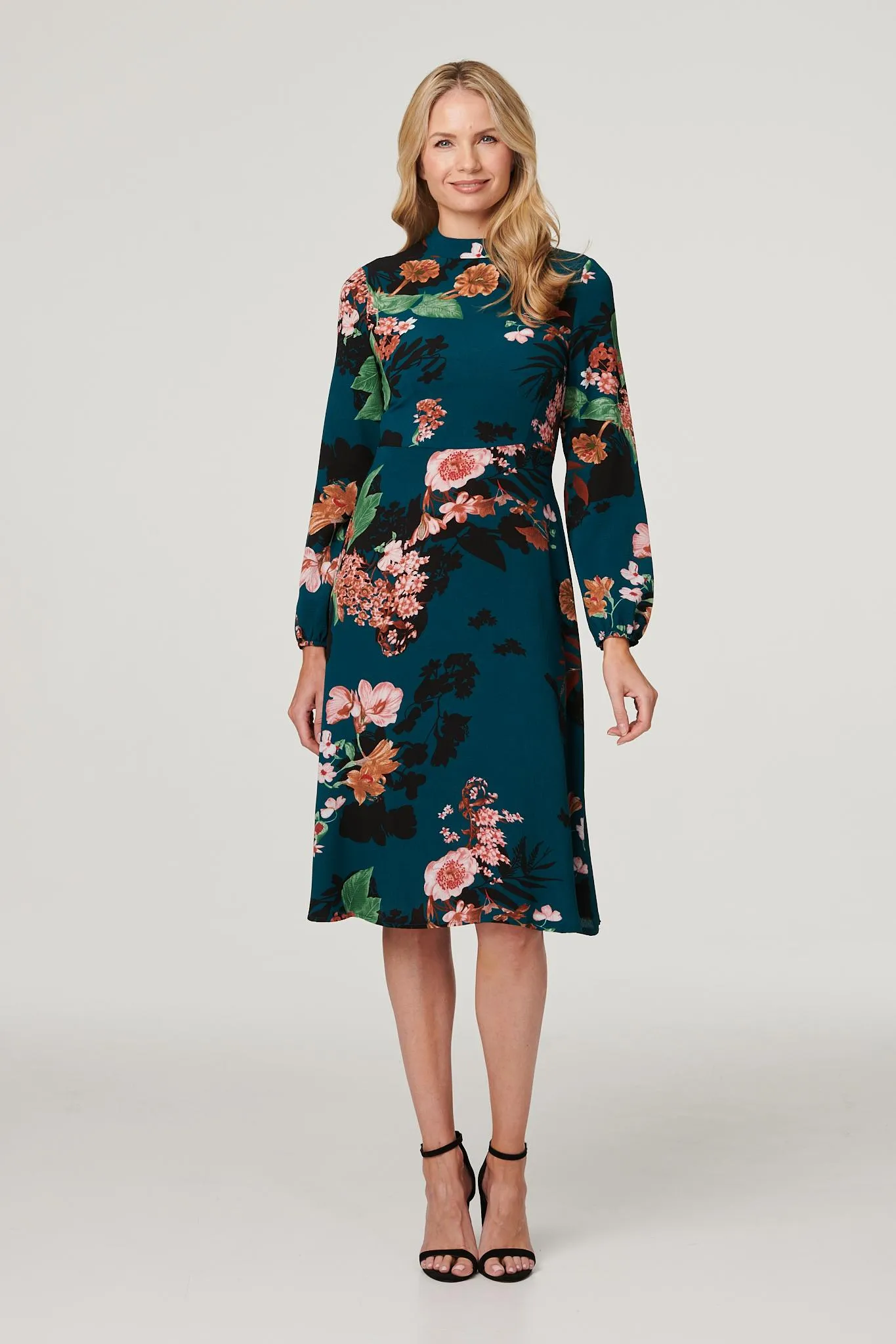 Floral High Neck Midi Dress