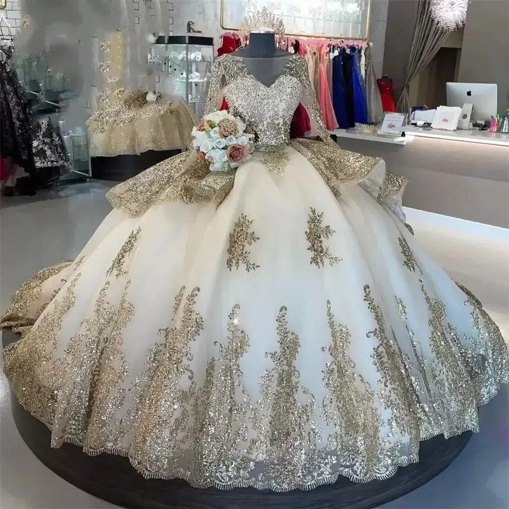 Gold Appliques Ball Gown Quinceanera Dresses Vestidos De 15 Anos Formal Birthday Party Prom Gown Corset Back Train