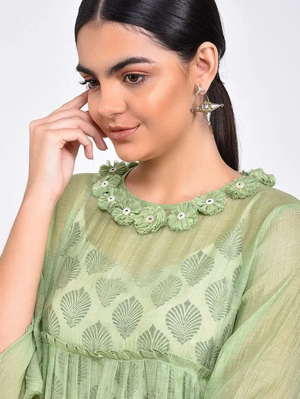 Green Cotton Silk Gather Dress (Set of 2)