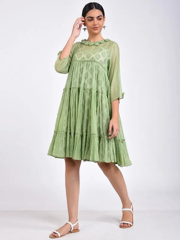 Green Cotton Silk Gather Dress (Set of 2)