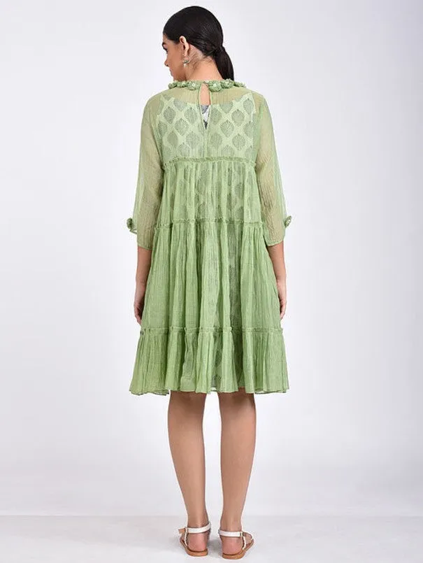 Green Cotton Silk Gather Dress (Set of 2)