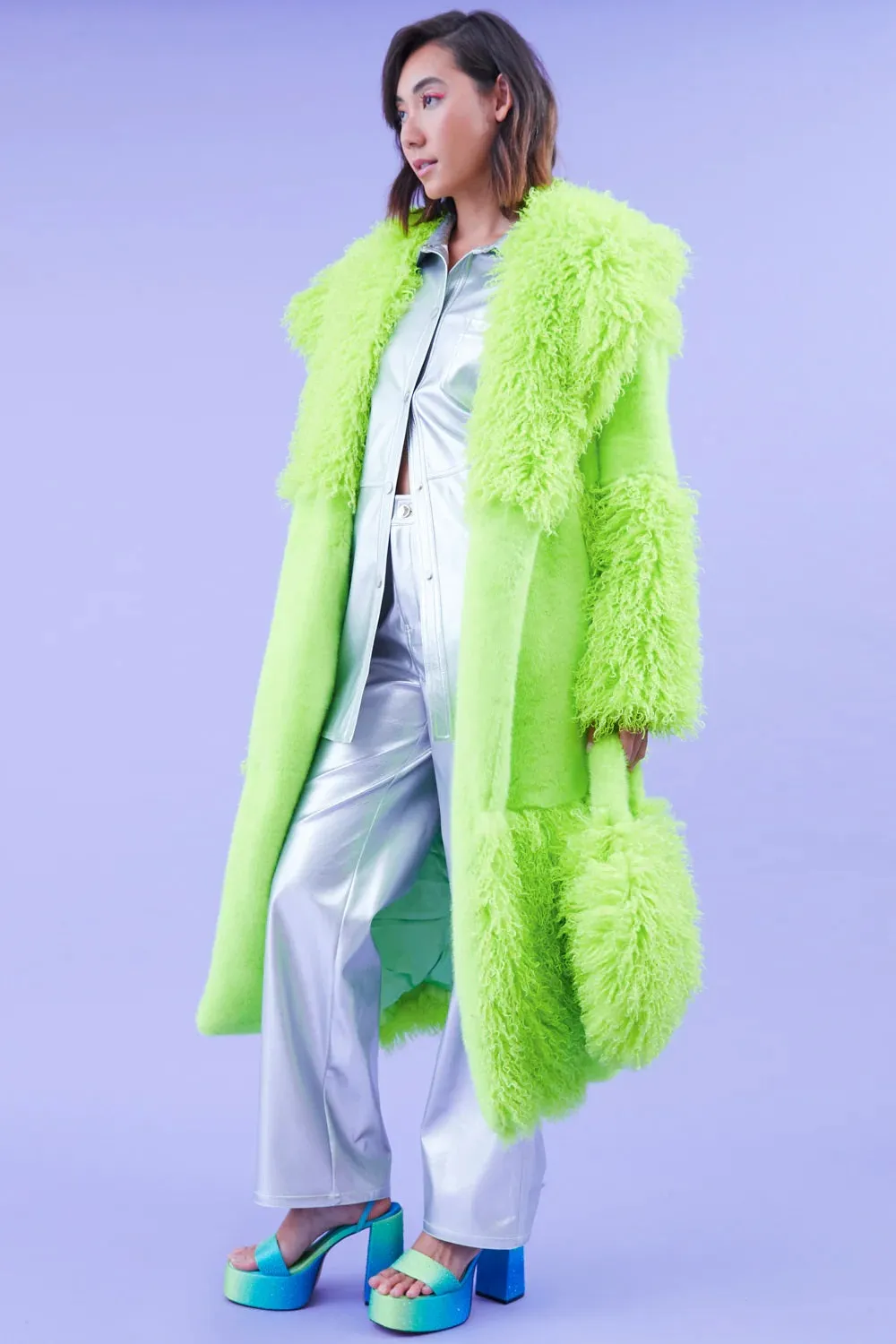 Green Faux Mongolian Fur Bamboo Coat