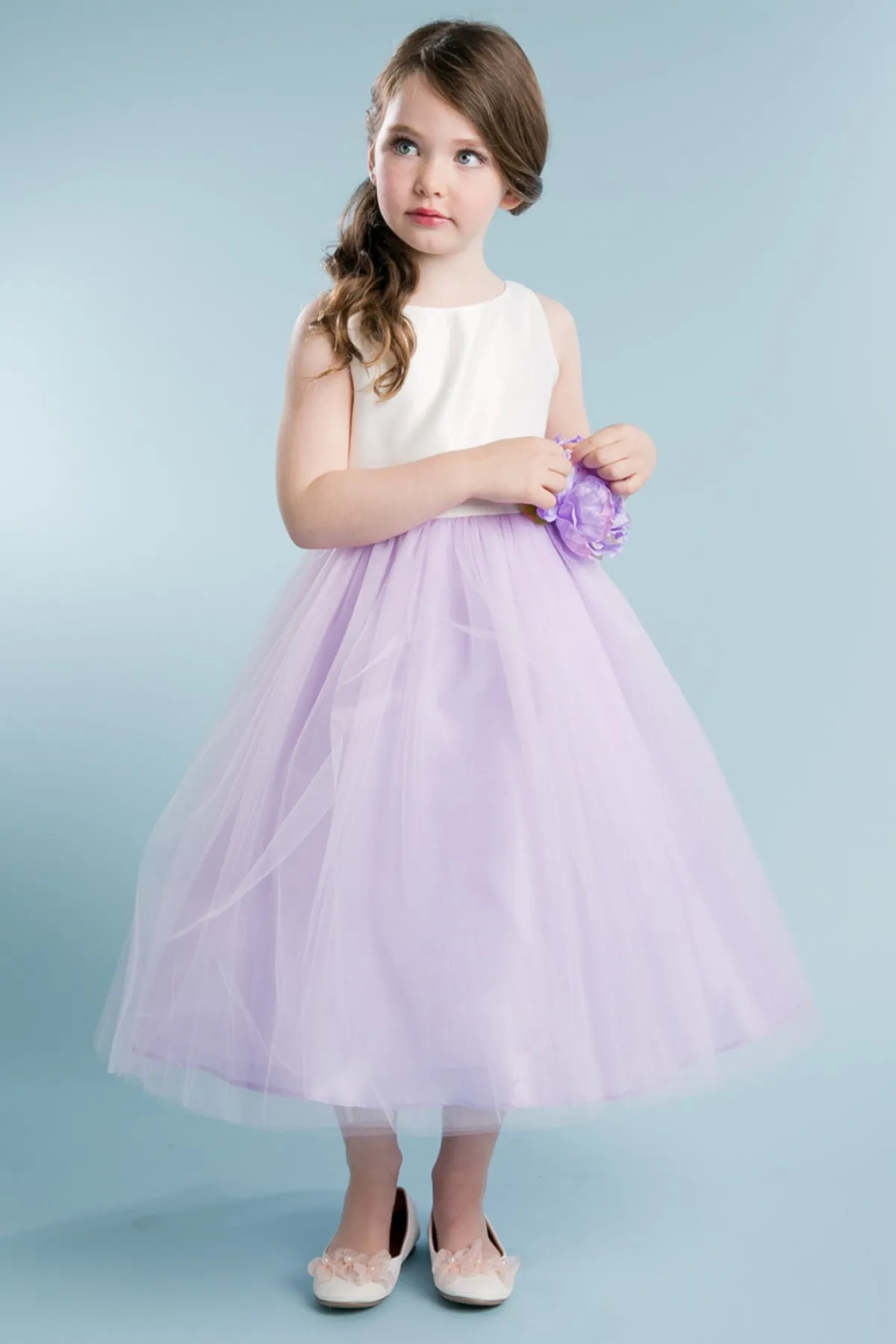 Hannah Satin Two-Tone Girls Dress with 3D Flower Detail and Plus Sizes